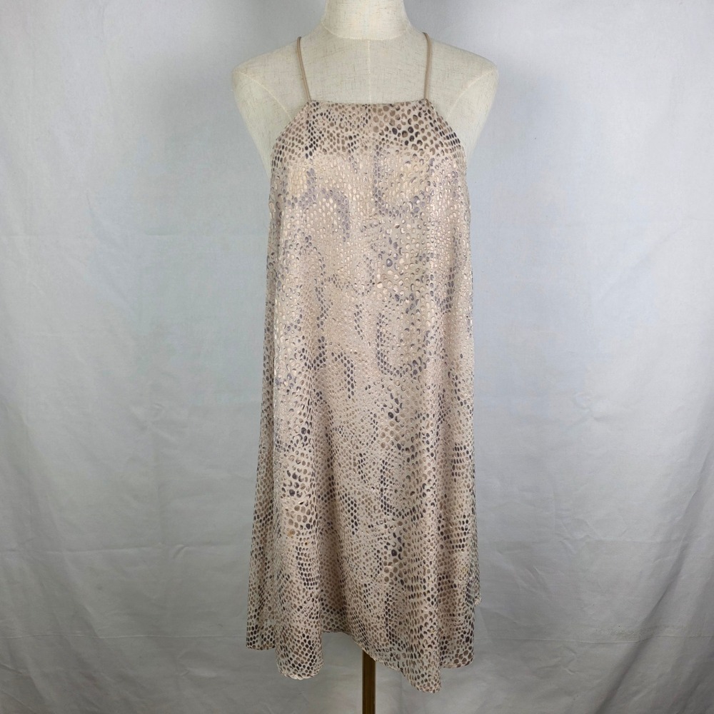 Silence + Noise Snakeskin Burnout Strappy Y-Back Mini Dress Neutral Tan Large